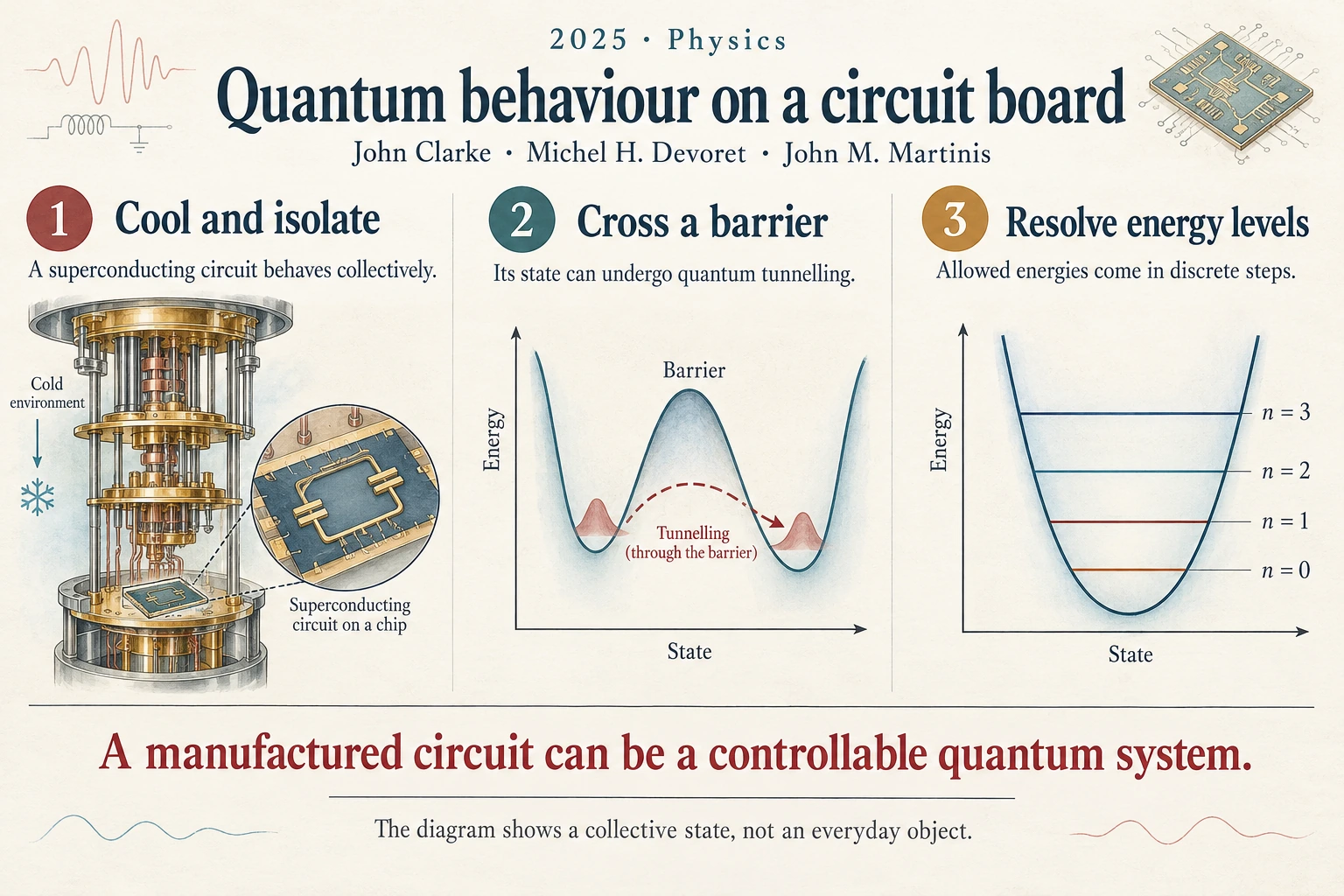 Infographic explaining Quantum behaviour on a circuit board