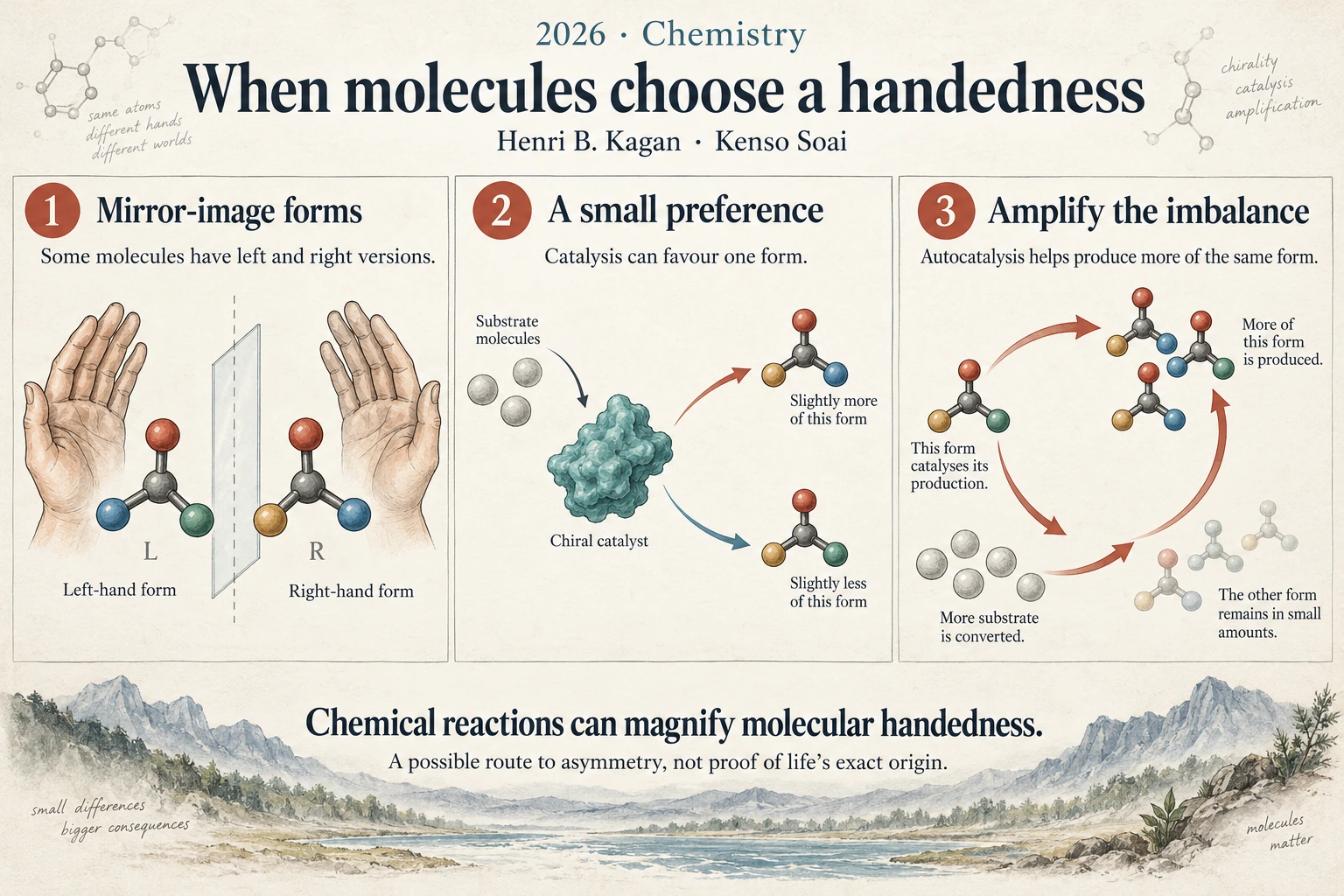 Infographic explaining When molecules choose a handedness